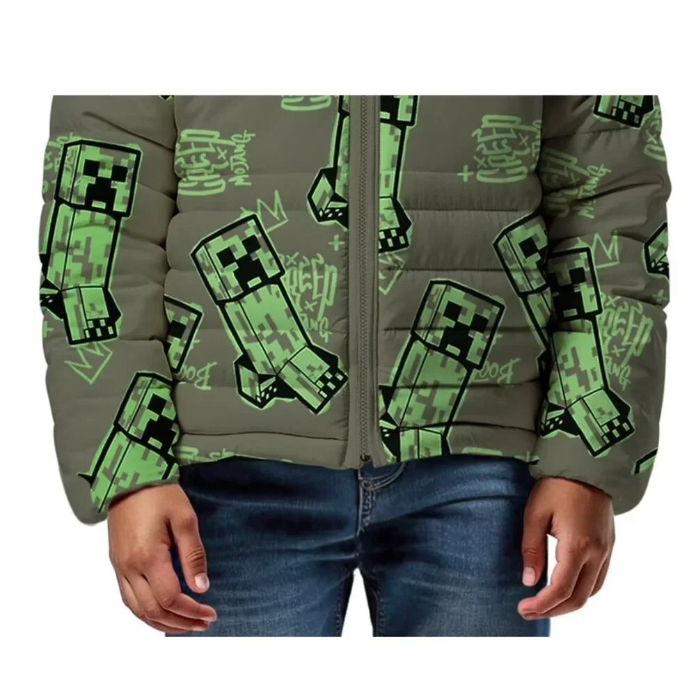 NEW Minecraft Boys Creeper Zip Puffer Jacket Lightweight Size 14 Zippered Size: